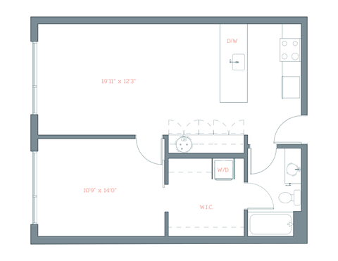 Floor plan for 1 bed, 1 bath, 720 sqft